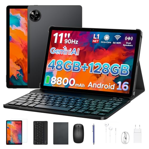 P11 Android 16 Tablet 11 Pulgadas, 48GB RAM + 128GB ROM/2TB TF, T7250 Octa-Core, 90Hz, 8800mAh, 13MP+5MP, Gemini AI, Widevine L1, Face ID, GPS, OTG, Doble altavoz, Tablet con Teclado y Lápiz, Negro