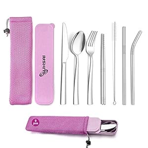 Suhsai-9-Piece-Portable-Stainless-Steel-Cutlery-Set-Steel-Utensils-Knife-Spoon-Fork-Chopsticks-Cleaning-Brush-Wheat-Straw-Box-CaseTableware-Camping-Picnic-Travel-Cutlery-Set-Pink Suhsai 9 Piece Portable Stainless Steel Cutlery Set, Steel Utensils Knife, Spoon, Fork, Chopsticks, Cleaning Brush, Wheat Straw Box Case,Tableware, Camping, Picnic, Travel Cutlery Set (Pink)