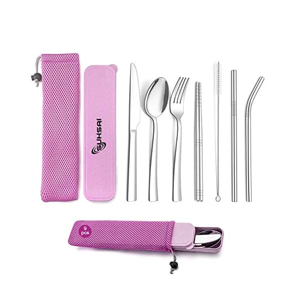 Suhsai-9-Piece-Portable-Stainless-Steel-Cutlery-Set-Steel-Utensils-Knife-Spoon-Fork-Chopsticks-Cleaning-Brush-Wheat-Straw-Box-CaseTableware-Camping-Picnic-Travel-Cutlery-Set-Pink Suhsai 9 Piece Portable Stainless Steel Cutlery Set, Steel Utensils Knife, Spoon, Fork, Chopsticks, Cleaning Brush, Wheat Straw Box Case,Tableware, Camping, Picnic, Travel Cutlery Set (Pink)