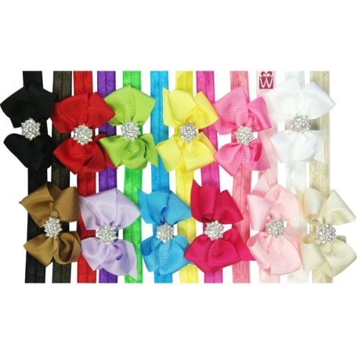 Kella Milla Set of 12 Ribbon Bow with Rhinestone Button Center Stretchy Headband