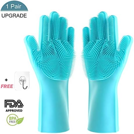 Magic Silicone Gloves with Wash Scrubber, Chialstar Reusable Brush Silicone Dish Scrubber Heat Resistant Gloves Kitchen Tool for Cleaning, Dish Washing, Household, Washing the Car,Pet Hair Care(1Pair)