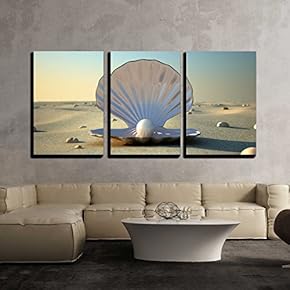 3 Piece Canvas Wall Art - an Open sea Shell with a Pearl Inside - Modern Home Art Stretched and Framed Ready to Hang - 16"x24"x3 Panels