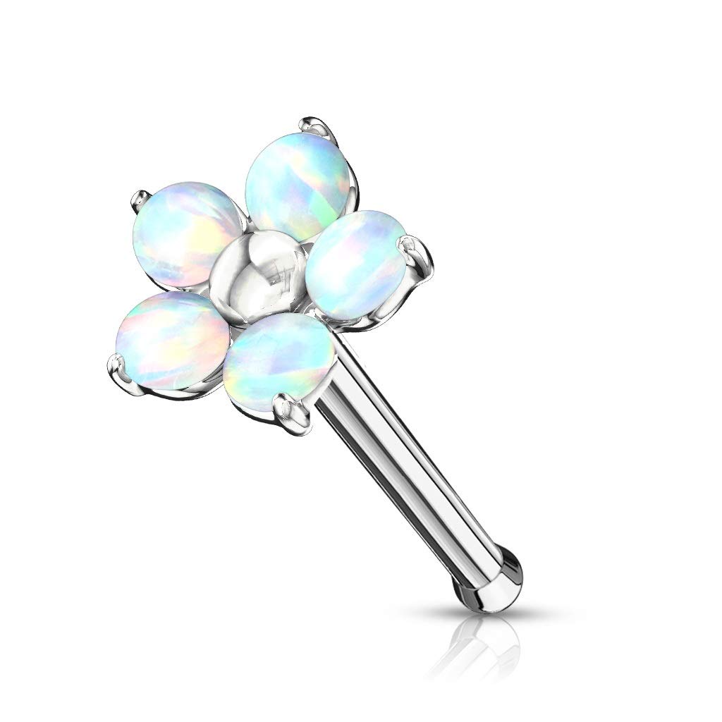 PiercedOff 316L Surgical Steel Flower Nose Bone Stud with 5 White Synthetic Opal Petals - Thickness 20GA (0.8mm) / Length 6mm / Flower Size 5mm