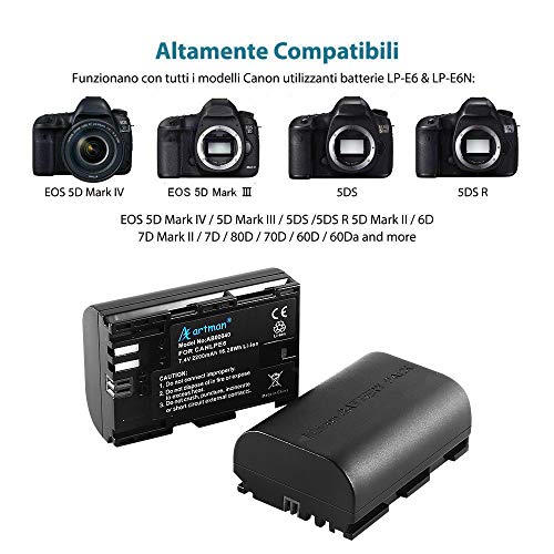 Artman LP-E6 LP-E6N Rechargeable Battery and USB Charger Set for Canon 5D Mark II III IV, 5Ds, 6D, 70D, 80D and More (2-Pack 2200mAh Camera Batteries,Versatile Charging Option with USB) Black