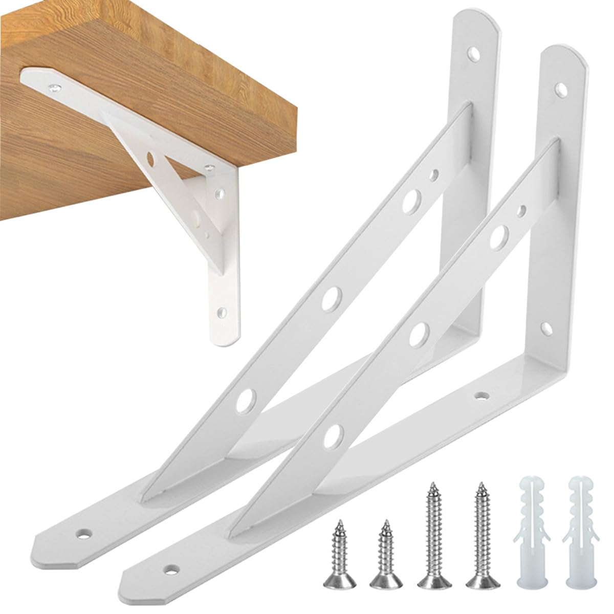 Shelf Brackets Heavy Duty Triangle Shelving Brackets Right Angle Wall Mounted Shelf Supporters 8 inches&12 inches 2 Pack (White 300mm x 188mmx 25mm)