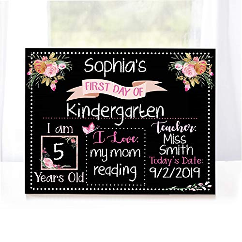 First Day of School Chalkboard, Reusable Sign Board with Pink Floral Design, Back to School Photo Prop