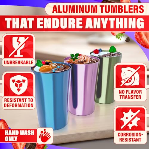 Retro Style Aluminum Cups 15 oz Set of 6 - Metal Tumblers for Cold Drinks, Festive Color-Finished Metal Cups for Drinking, Stackable and Dishwasher-Safe, for Home, Camping, Patio & Holiday Parties