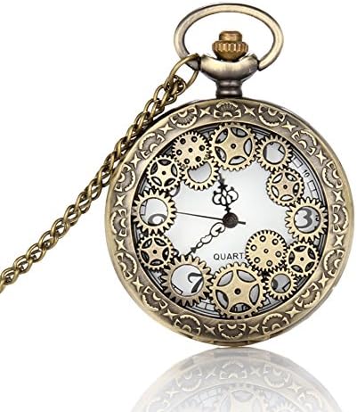 Retro Design Hollow Gear Fob Watch Vintage Bronze Pocket Watch Necklace Chain Pendant