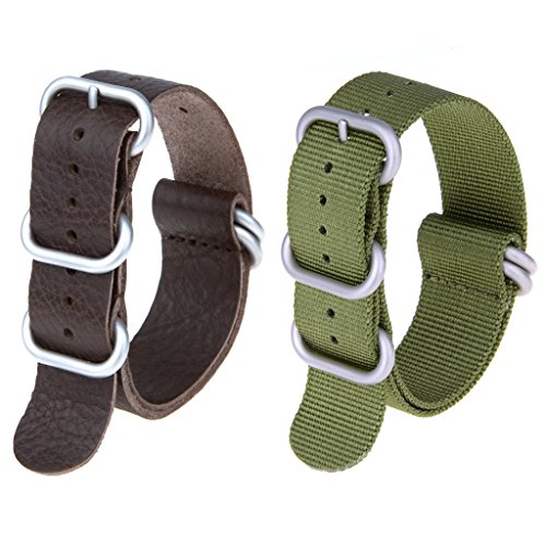 2pc 22mm nato ss nylon striped army green , brown leath…