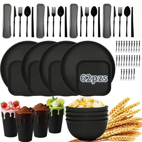 62 Pcs Juegos De Vajilla De Paja De Trigo,Platos De Paja De Trigo,Sin Bpa,Irrompibles Reutilizables Y Ligero,Aptos Para Lavavajillas Y Microondas,Para Acampar,Picnics,Dormitorio,Rv,Reunión Familiar
