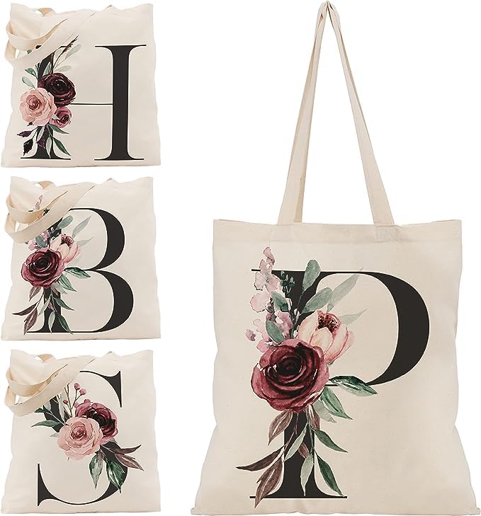 Floral Initial Canvas Bag Gifts for Women - 15"x16" Shoulder Tote Bags for Bridesmaids Hen Party Teacher Gift Shopping Bag C1 (Initial #P)