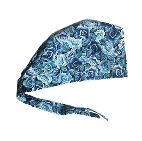 Women's Front Fold Tie Back Scrub Cap Surgical Cap Blue Roses