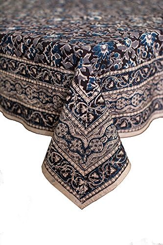 Indigo 70" Round Petal Pushing Cotton tablecloth, Hand-block printed, natural production