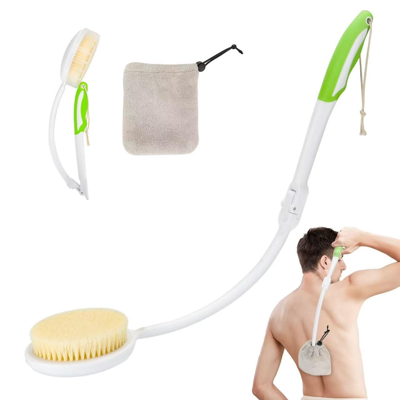 Photo 1 of Back Scrubber Bath Brush for Shower Curved Long Handle, Foldable Handled Shower Body Brush Whith Absorbent Microfiber Bag Can Quickly Dry Your Back