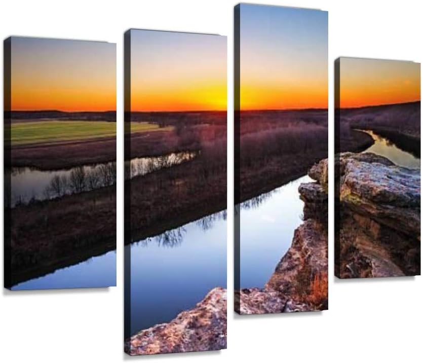 Osage River at Twilight Gold Sunrise Sky Canvas Wall Art Hanging Paintings Modern Artwork Abstract Picture Prints Home Decoration Gift Unique Designed Framed 4 Panel