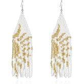 Boho Beaded Long Tassel Dangle Drop Earrings Native Handmade Seed Bead Sun Hook Hoops Statement Earring Minimalist Jewelry for Women