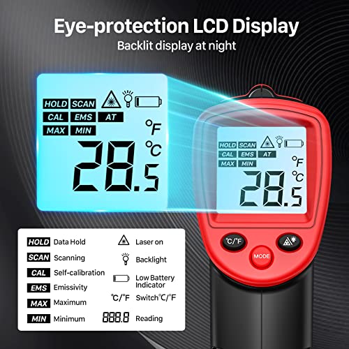 Eventek Infrared Thermometer -50°C~500°C (-58°F~932°F), Digital IR Laser Non-Contact, Temperature Gun, Can't Measure Fever - Red/Black【Non-body Use】