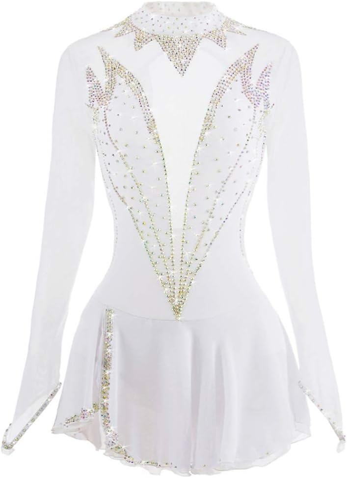 Handmade Figure Skating Dress for Girls,Women Ice Skating Competition Wear Professional Costume Crystals Long Sleeved Roller Skate Dress Hollow Back
