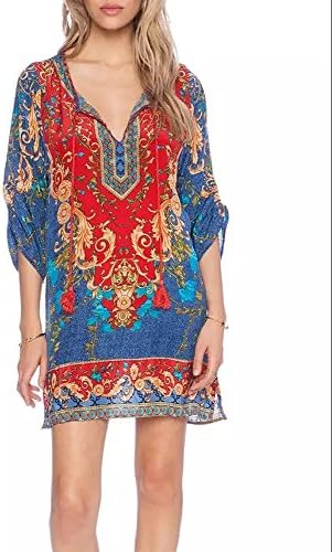 StellarChic Women Bohemian Neck Tie Vintage Printed Beach Summer Shift Dress (Junior S/ Women 0-2, Boho Indigo)