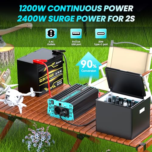 SUDOKEJI 1200W/2400W Pure Sine Wave Inverter, 12V-230V Converter with LCD Control, USB/Type-C Ports and 2 EU Outlets for Solar, Vehicles and Motorhomes