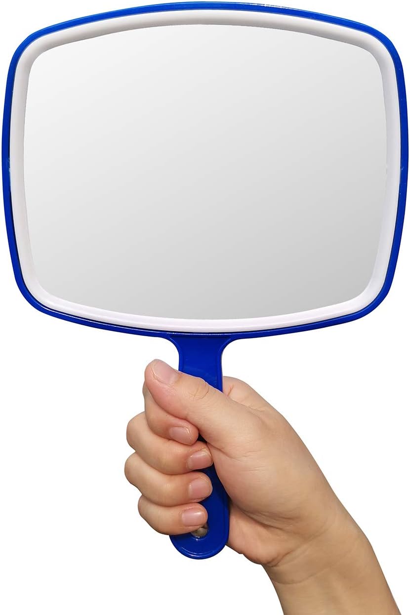 Generies Hand Mirror,Extra Large Handheld Mirror with Handle, Makeup Mirror,Salon Barbers Hairdressers Hand Mirror,Wide Angle 7.3″W×10.4″L,Blue: Furniture & Decor