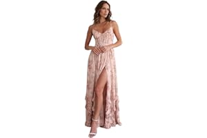 seezom Floral Printed Chiffon Prom Dress with Silt Spaghetti Straps Ball Gown Ruffle Hem Long Formal Evening Party Dress