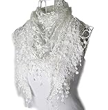 MyMei Lace Tassel Sheer Burnt-out Floral Print Triangle Mantilla Scarf Shawl Neck Wrap White