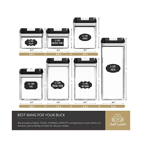 Chefs-Path-Airtight-Food-Storage-Container-Set-Labels-Marker-Kitchen-Pantry-Containers-Ideal-for-Flour-Cereal-Spaghetti-Pasta-more-Clear-Plastic-Canisters-with-Durable-Lids Chef's Path Airtight Food Storage Container Set - Labels & Marker - Kitchen & Pantry Containers - Ideal for Flour…
