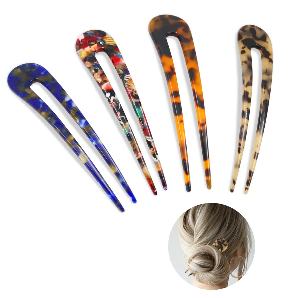 4 Pcs U Shaped Hairpin Fork, French Hair Pins, Hair Forks Tortoise Shell for Long Hair, 2 Prong Updo Chignon Pin for Hairstyle