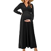 OUGES Fall Maternity Maxi Dress Long Sleeve Wrap V Neck Baby Shower Pregnancy Dresses for Photoshoot Maternity Clothes
