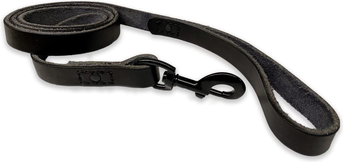 Leather Dog Lead 180 cm – Hand‑Stitched Black Full‑Grain Leather, Extra Length, Black Clip, Padded Handle, Strong Walking & Training Dog Leash
