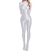 FEOYA Women's Oil Shiny Bodysuit See Through Glossy Sheer Long Sleeve Catsuit Zipper Jumpsuits