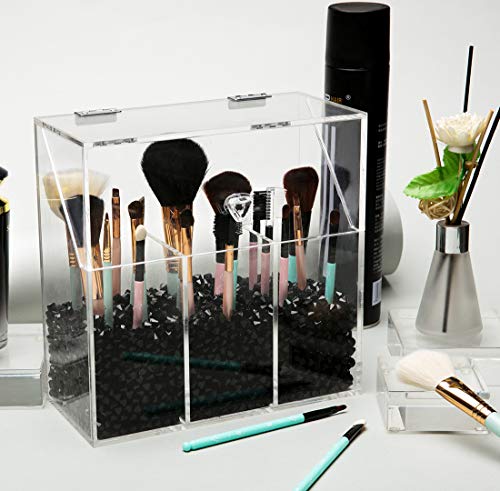 Newslly Acrylic Clear Covered Makeup Brush Holder with Dustproof Lid, Pearls Beads, Large Capacity for Cosmetic Brush Storage (Black)...