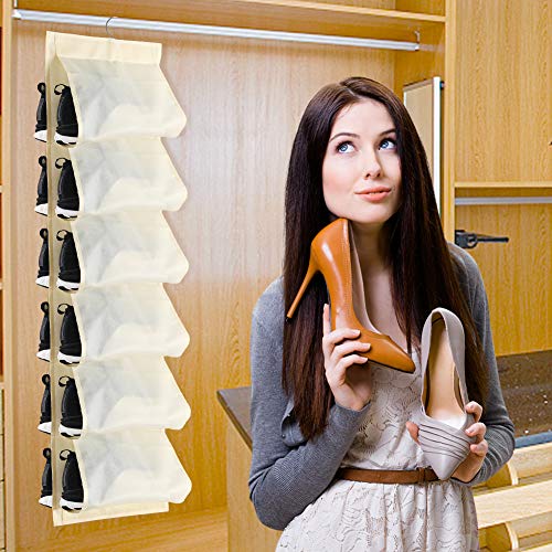BigOtters Hanging Shoe Organizer, 12 Pockets Closet Shoe Rack with 1PCS Wall Mounted Shoes Rack for Closet Door Home Shoe Organizer Holder Storage