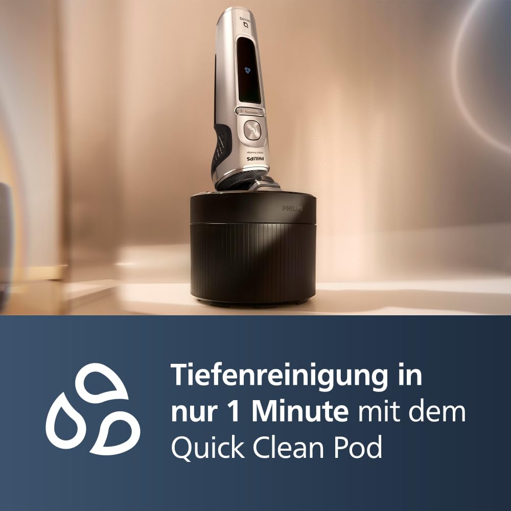 PHILIPS Rasierer S9000 Prestige - Elektrischer Nass- und Trockenrasierer, glänzendes Chrom, Lift & Cut-Rasiersystem, SkinIQ-Technologie, Bartstyler, Reinigungsstation & Qi-Ladepad (Modell SP9885/35) 6