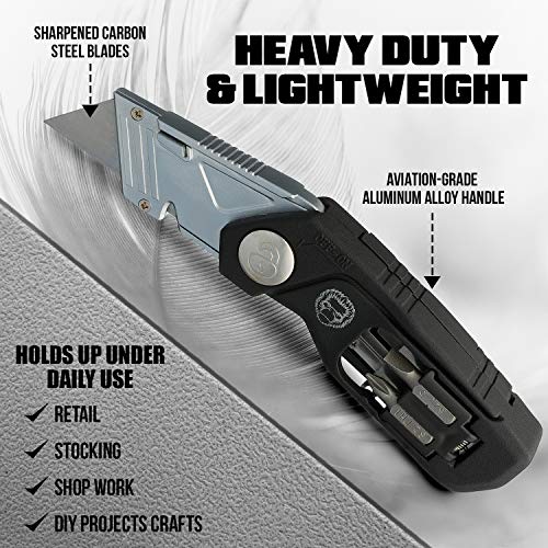 Folding Utility Knife, Box Cutter W/Screwdriver & Bits Wire Stripper Tool, Quick Release Replaceable Blades & Safe Lock, Heavy Duty with Belt Clip, Easy Pocket Storage W/Refills