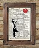 Banksy girl with balloon, red balloon girl print, street art, vintage dictionary page art, silhouette art