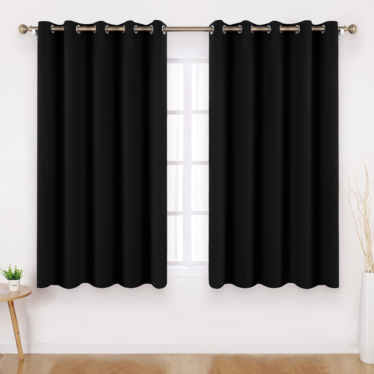 HOMEIDEAS Black Blackout Curtains 2 Panels 66 X 54 Inch Drop Room Darkening Eyelet Curtains for Bedroom, Thermal Insulated Light Blocking Window Drapes
