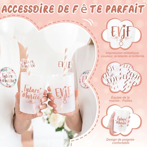 iZoeL EVJF Goblet Bride Future Badge Team Bride Accessory Kit 1+14 | EVJF Kit 1+14, Bride to be, Rose Gold, Cup, Badge EVJF, Team Bride, Paper Straw, Bride to Be, Decoration EVJF