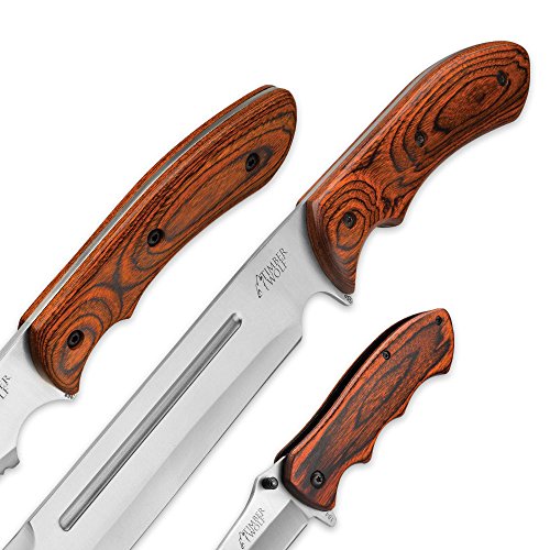 Timber Wolf Woodland Trident 3-Piece Knife Set - Bowie / Machete / Assisted Opening Folder - Brown - Thumbnail 2