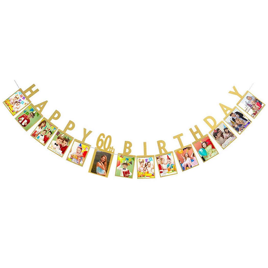 Dusenly Gold Happy 60th Birthday Photo Banner Photo Props Bunting Garland for 60th Birthday Party Decorations