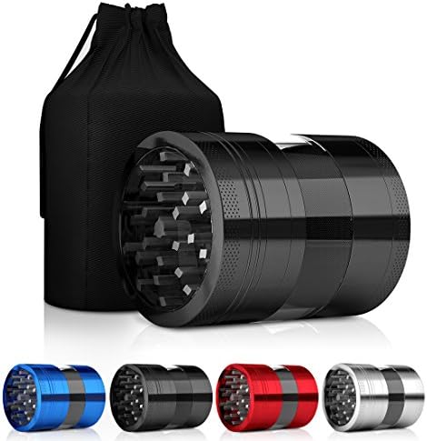 Aluminum Grinder, 4 Piece Crusher with Sharp Teeth, Filter, Scraper, Size Adjustable, Grind & Crush Herbs/Spices/Tobacco - Black