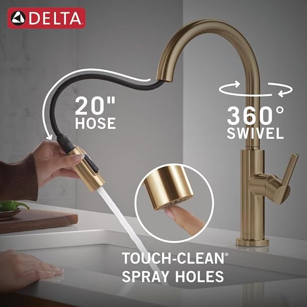 DELTA FAUCET NICOLI KITCHEN FAUCET WITH PULL DOWN SPRAYER, CHAMPAGNE GOLD MODERN, SINGLE HOLE KITCHEN FAUCET, CHAMPAGNE BRONZE 19867LF-CZ