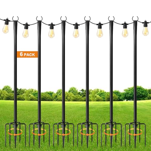 MuliVid 6 Pack 9FT String Light Poles for Outdoor,Metal Lights Hanging Pole Outside with Fork,Light Stand for Patio, Pergola, Garden, Backyard, Yard, Camping Party