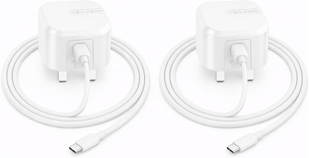 AMPLE 25W USB-C PD UK Charger 2 Pack for Lenovo Tab M10 P11 P12 White Cable