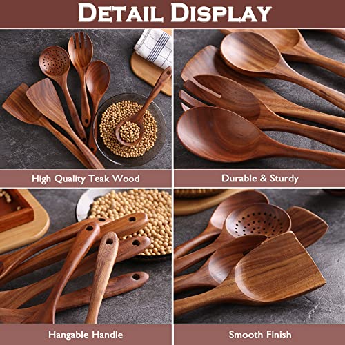 Acacia Wooden Cooking Utensil Set – 6-Piece Non-Stick Kitchen Spoons With Smooth Grip & Hanging Holes (Black)