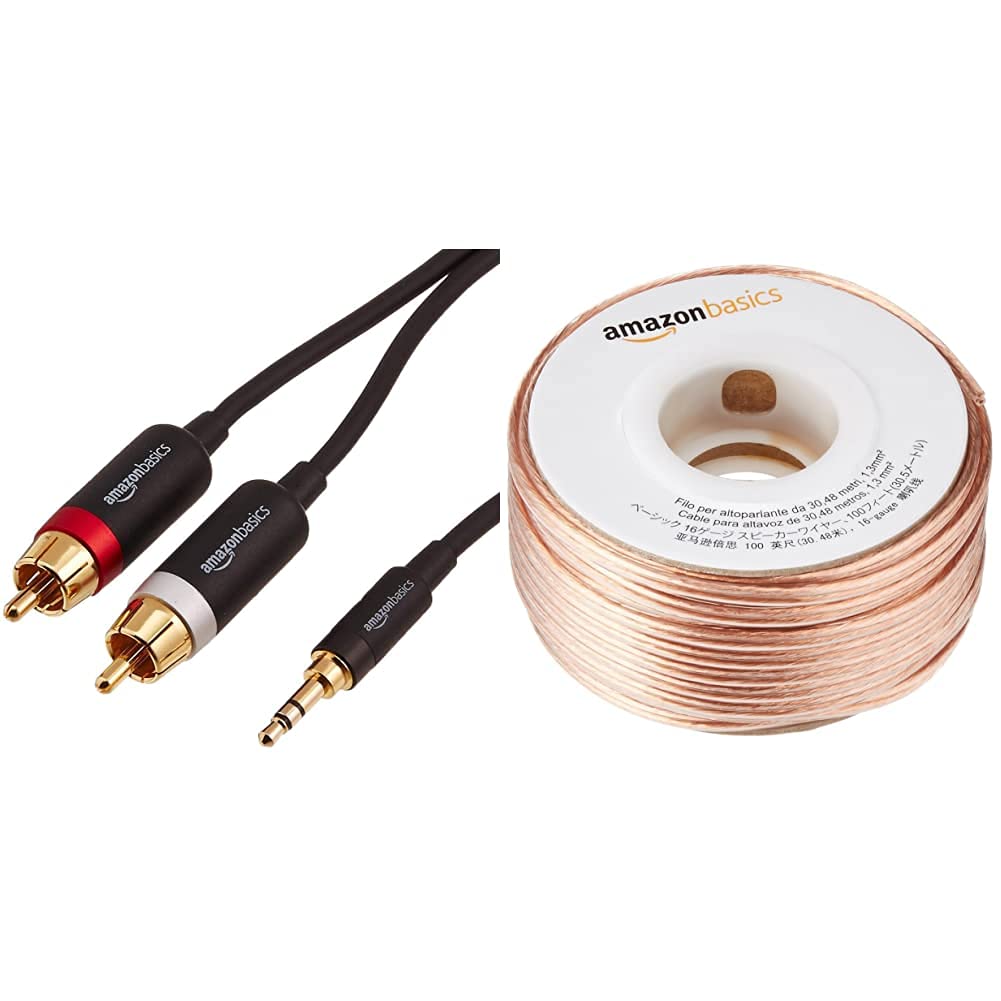 Amazon Basics 16-Gauge Speaker Wire 1.3 mm² - 30.48 m (100 feet) & 3.5mm to 2-Male RCA Adapter Cable - 1.2m / 4 Feet