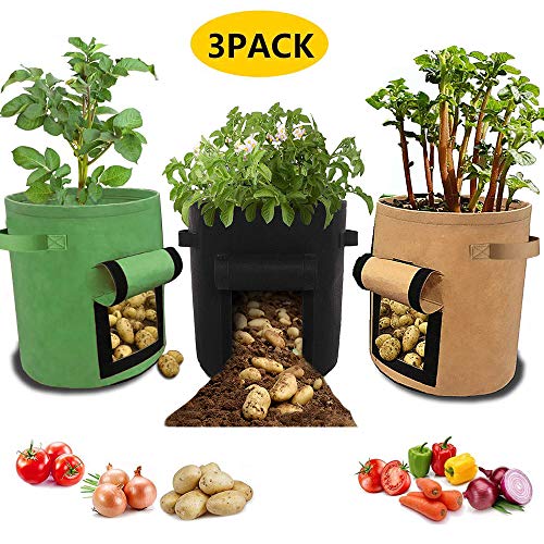 Plant Grow Bags,Bigzzia 3 Pack Vegetable Grow Bag 7 Gallon Breathable Nonwoven Cloth Potato Plant Cultivation Planting Bags With Flap And Strap Handles for Potato,Carrot,Onion,Carrot And Other Garden