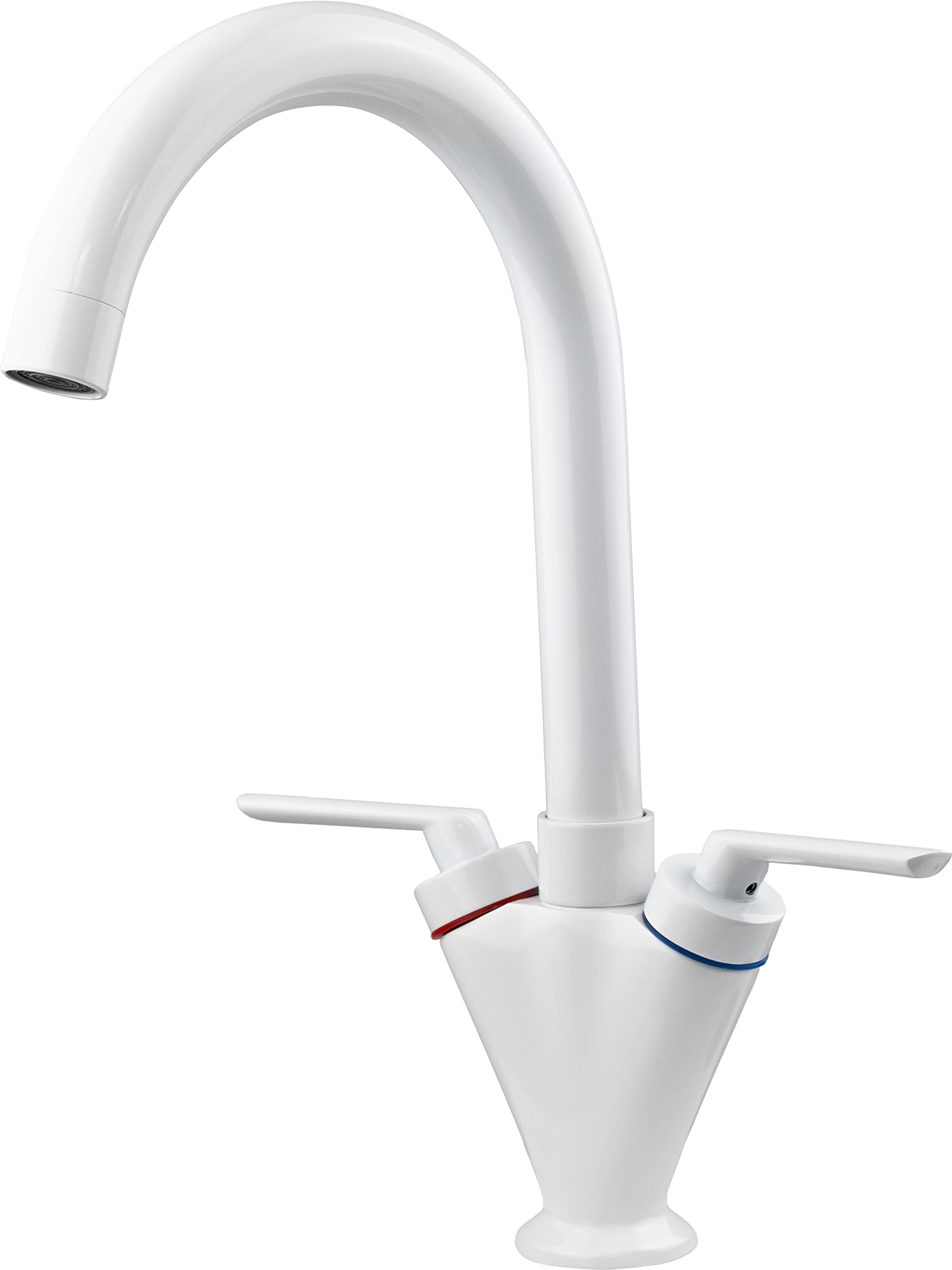 Xcel Home™ Swan Neck White Kitchen Sink Tap with Hoses Standard Fittings | Dual/Double Levers | Solid Brass | Deck Mounted 360 Degrees Swivel Spout Mixer Monobloc Luxury Faucet | 1 pc