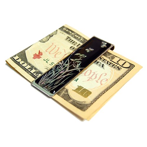 Antique Alive Mother of Pearl Orchid Design Slim Stainless Steel Mens Metal Black Money Clip Holder (L103)
